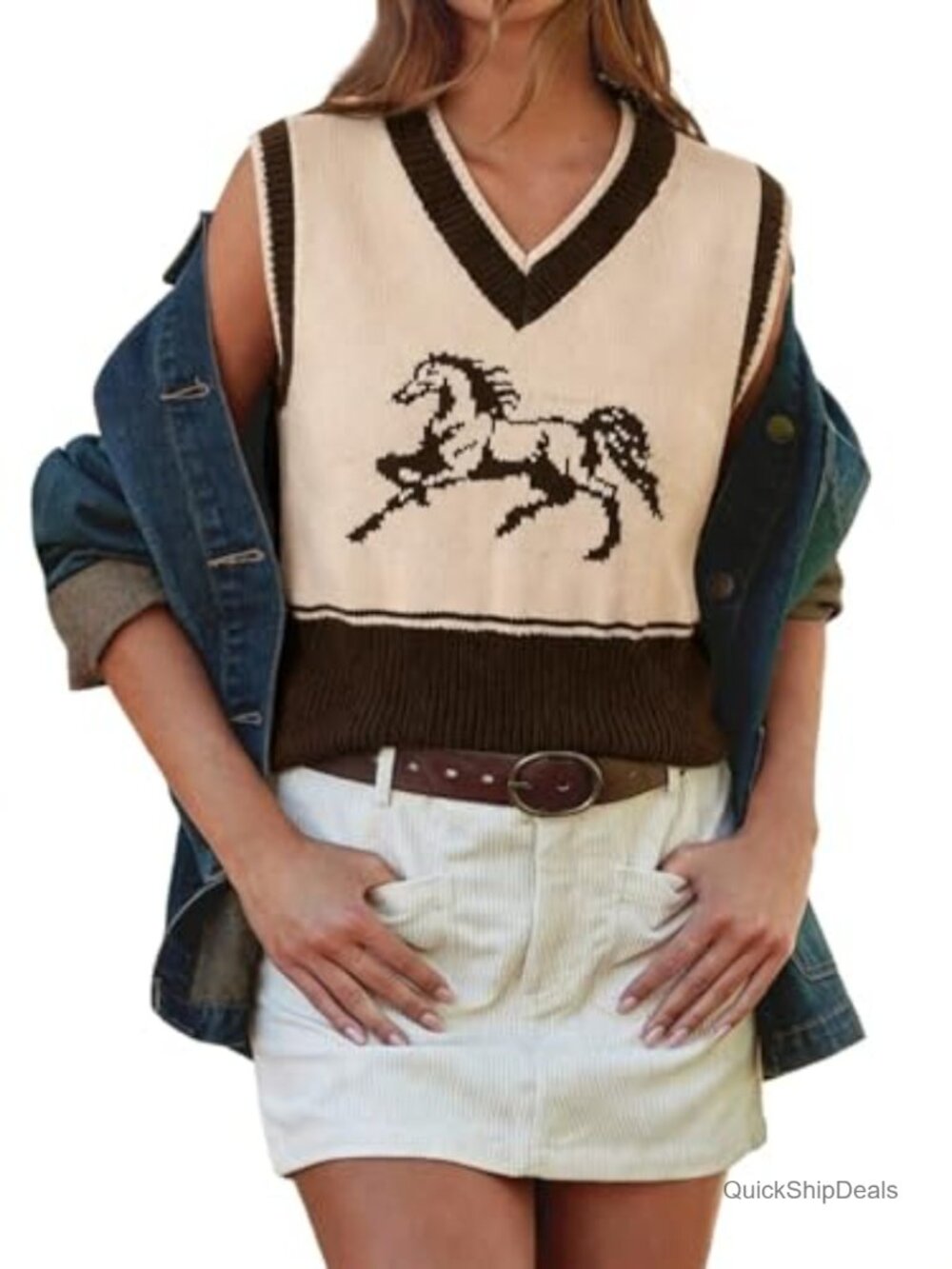 Women's Knit Sweater Vest Horse Graphic V-Neck Sleeveless Tank Top